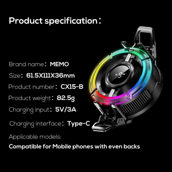 MEMO CX15 Mobile Cooling Fan – Digital Display RGB Gaming Cooler
